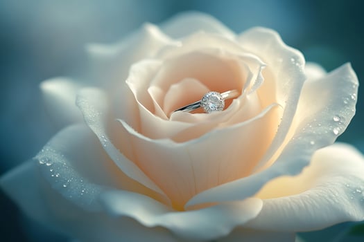 Diamond engagement ring resting inside delicate white rose photo