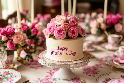 Cake celebrating Mother's Day with pink roses and elegant tableware photo