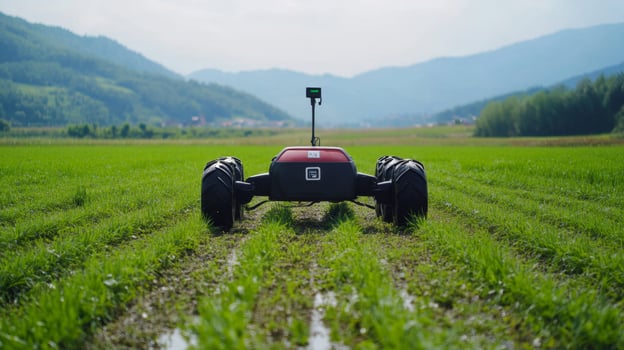 Autonomous Farming Robot in a Lush Green Field photo