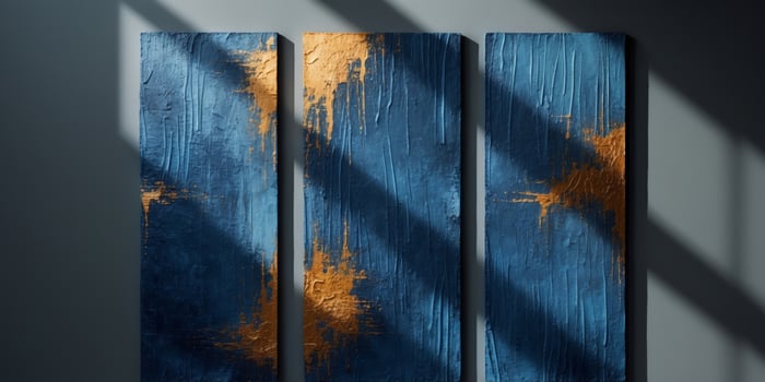 Abstract Expressionism Triptych Textured Panels in Deep Blues and Warm Golds with Dramatic Side Lighting photo