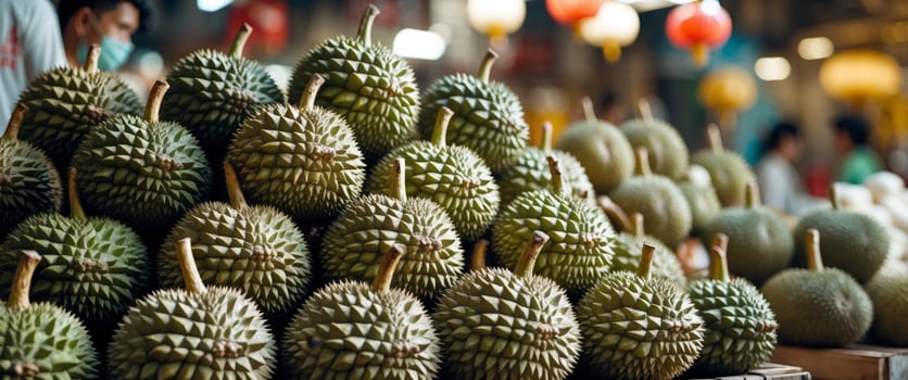 A pile of durians are on display at a market. photo