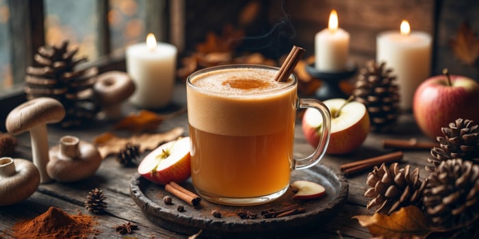 Warm Autumnal Apple Cider Brew with Mushrooms and Spices in Rustic Setting photo