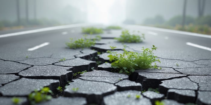 Cracked asphalt road surface with resilient plant life pushing through the fissures. photo