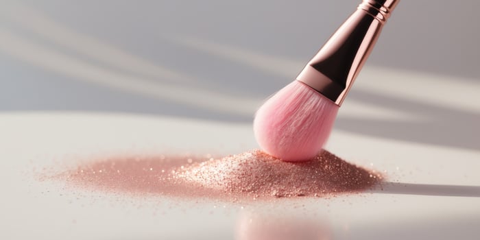 Pink makeup brush dips into shimmering blush powder. photo