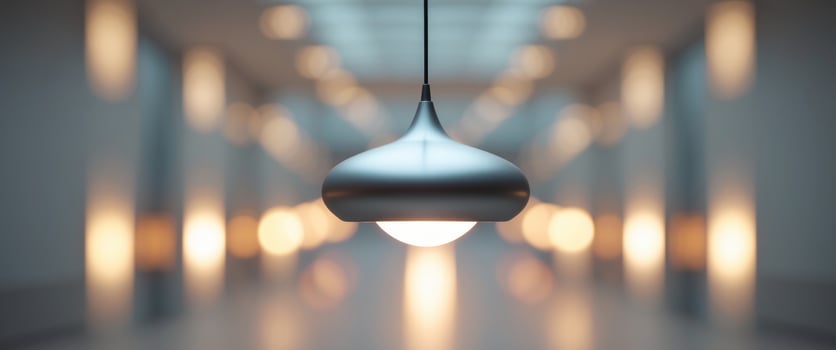 Lit pendant lamp in hallway with blurred background lights. photo