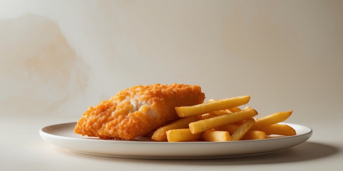 Crispy battered fish served with golden fries. photo