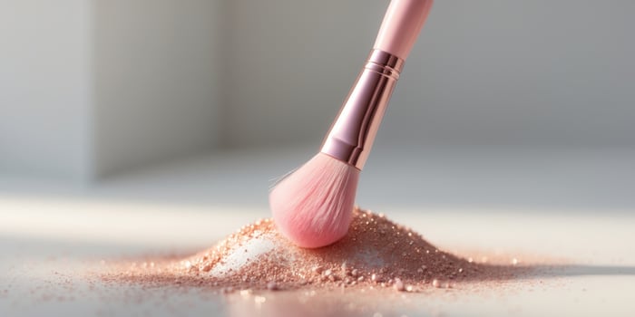 Pink makeup brush dips into shimmering blush powder photo