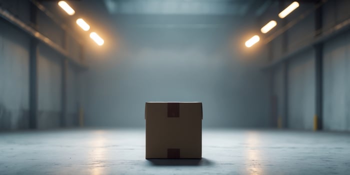 Brown Cardboard Box in Warehouse with Warm Lights photo