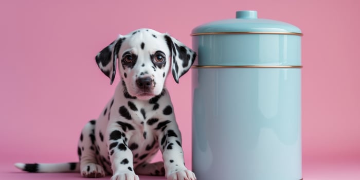 Adorable dalmatian puppy sitting beside a pastel blue canister on pink background. photo