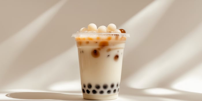 Iced Milk Tea with Tapioca Pearls in a Plastic Cup photo