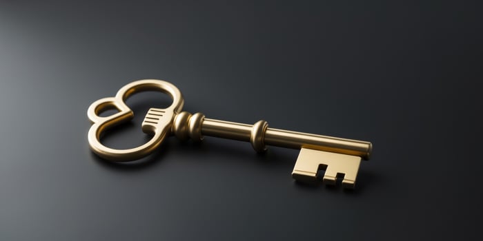 Golden key placed on solid black background. photo