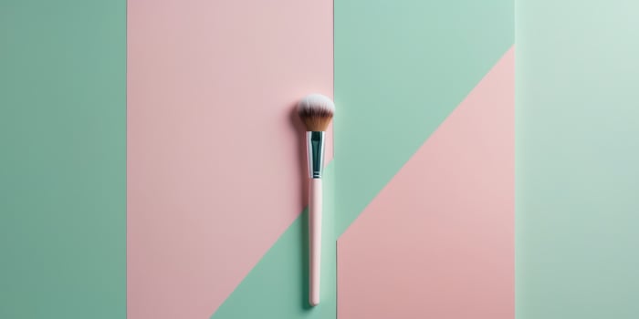 Makeup Brush on Split Color Background in Vibrant Mint and Pink. photo