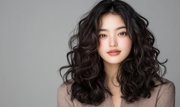 An asian woman with long curly hair photo