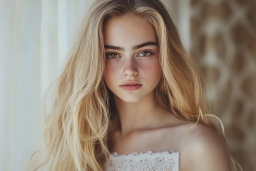 Blonde Teen Girl Portrait, Indoor Setting, Soft Light, Curtains Background, Beauty photo