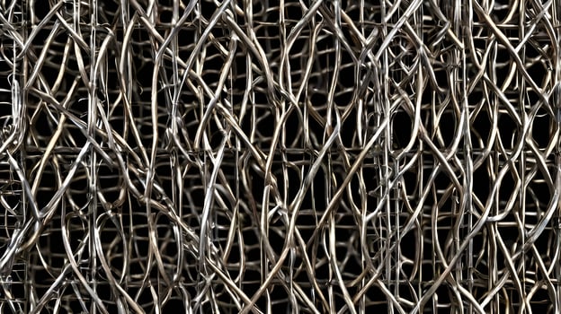 A finely detailed macro shot of interlaced metal wire mesh, forming repeating geometric motifs. photo