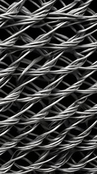 A sharp close-up of woven metal wire mesh, emphasizing its intricate, patterned structure. photo