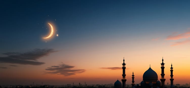 Crescent moon, mosque silhouette, sunset, city skyline, Ramadan greeting photo