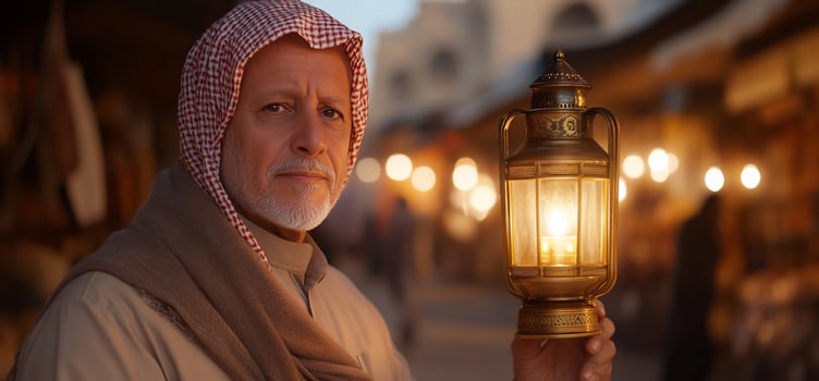 Man holds lantern in Middle Eastern market at dusk photo