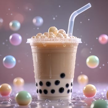 A refreshing bubble milk tea boba in a transparent plastic cup with a wide straw, filled with creamy milk tea and glossy, chewy tapioca pearls. The cup is slightly frosted. photo