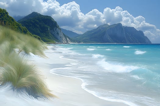 Serene Coastal Landscape with Waves and Mountains for Nature Decor and Travel Inspiration photo