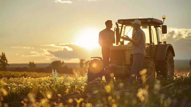 Farmers discussing work in field at sunset with tractor in background photo