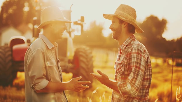 Two farmers laughing in sunlit field near tractor photo