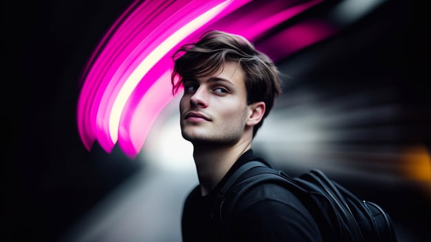 A young man in a black outfit with a backpack, walking through an urban night scene with neon lights and motion blur, exuding a stylish and futuristic vibe. . photo