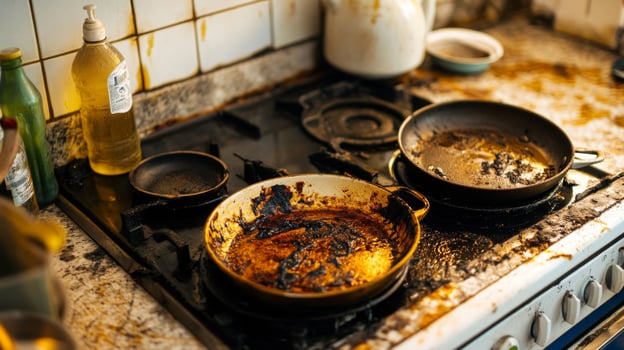 Dirty Burnt Pans on a Kitchen Stove photo