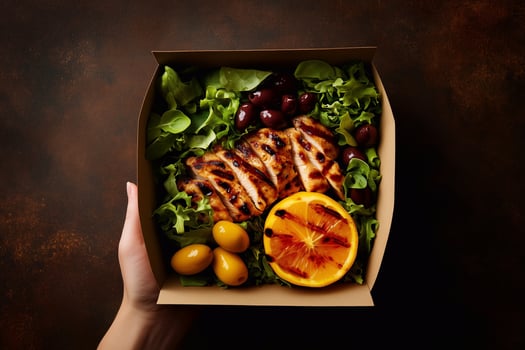 Grab-and-go salad in a cardboard box with fresh lettuce, grilled chicken, black and yellow olives, and a caramelized citrus slice. A healthy and nutritious takeaway meal. . photo