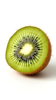 Closeup of a sliced kiwi showcasing its green flesh and black seeds photo