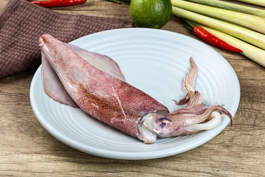 A plate with a squid on it and some other vegetables photo