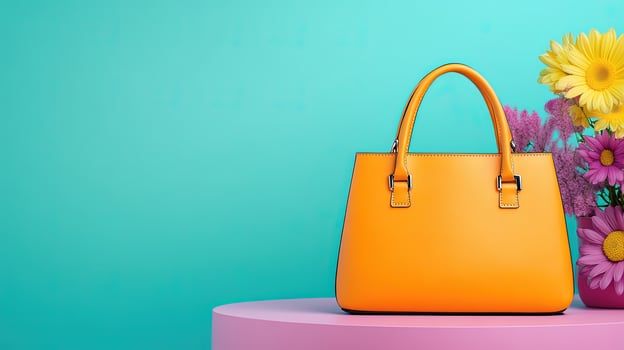Bright Yellow Handbag on Colorful Background with Fresh Flowers photo
