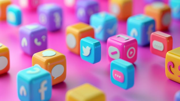 A collection of vivid blocks featuring various social media icons is scattered across a bright pink surface, showcasing the impact of digital platforms in everyday life. photo