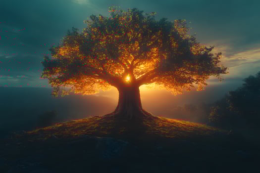 Majestic Tree at Sunset Illuminating a Serene Landscape photo
