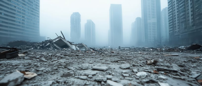 The city skyline after a devastating tornado reveals damaged skyscrapers and scattered debris, a stark reminder of the destruction that was left in its wake. photo