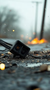 A broken camera laying on the ground in the rain photo