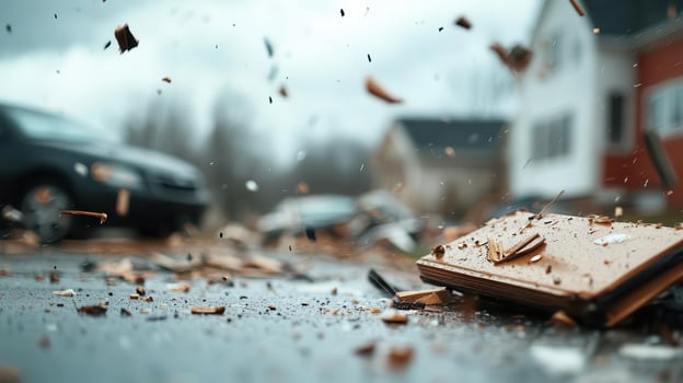 Tornado ripping through a small town, houses and vehicles damaged, debris flying through the violent winds photo