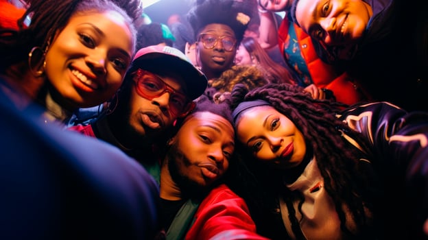 Happy african american people taking selfie together portrait image. Black friends enjoying party picture photorealistic photography. Friendly group concept photo realistic