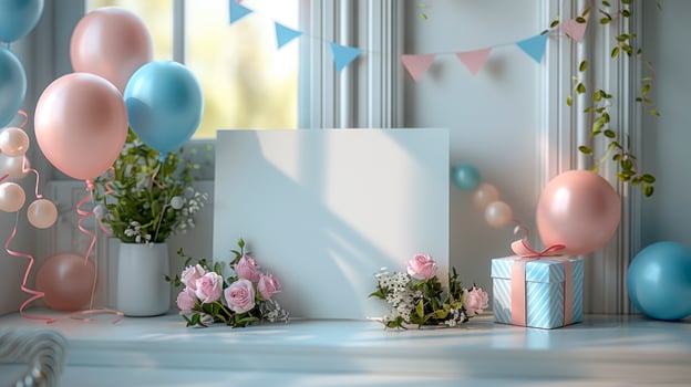 Blank paper with flowers and balloons image copy space. Baby birthday celebration composition banner background blurred. Festive event congratulation concept photography copyspace photo