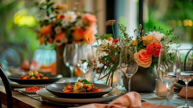 Beautiful fresh flowers on banquet table image. Festive dishes served at luxury restaurant photography scene wallpaper. Celebrating holiday event concept photorealistic photo