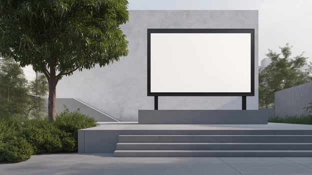Blank billboard mockup on concrete steps in front of a building photo