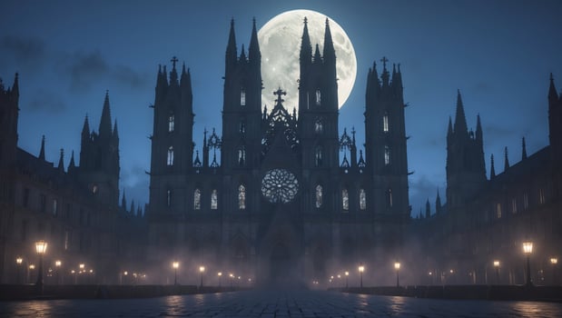 Majestic gothic cathedral silhouette under a full moon at night with glowing street lamps illuminating the courtyard photo