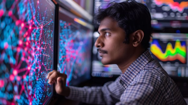 A young man focused on interpreting intricate data visualizations displayed on several monitors while working in a contemporary office during evening hours. photo