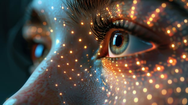A close up captures the beauty of an eye surrounded by intricate light patterns and reflections, showcasing artistic creativity in a vibrant urban atmosphere during evening hours. photo
