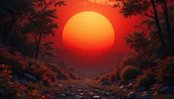 Red Sunset Over Tranquil Landscape with Rocky Stream photo