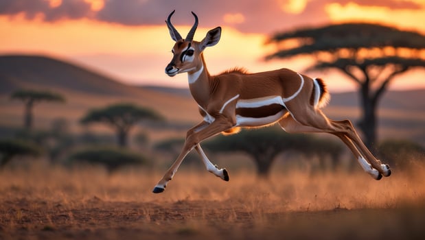 Running antelope in vibrant sunset across African savanna landscape photo