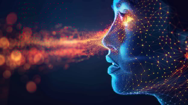 A womans profile is portrayed with luminous connections and particles flowing from her mouth and nose, symbolizing the fusion of digital technology and human creativity. photo