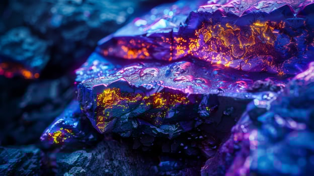 Unique mineral formations glimmer in shades of purple and orange, revealing intricate textures and patterns in a mystical underground setting filled with natural beauty. photo