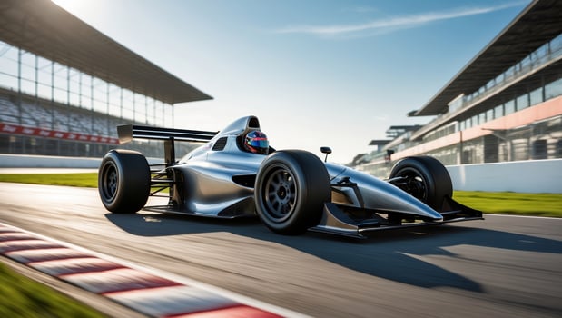 Racing car speeds around circuit during sunny day at motorsport venue photo