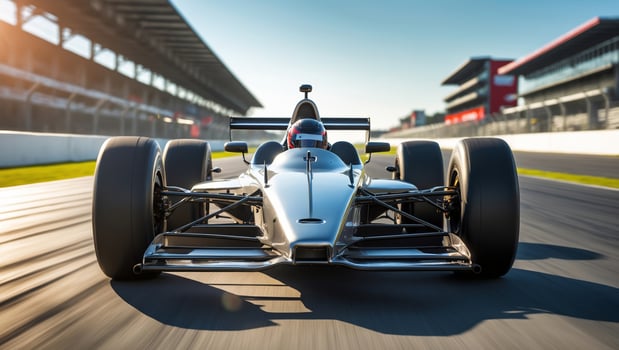 Racing car speeding on a track during a bright day with clear skies and shadows in the background photo